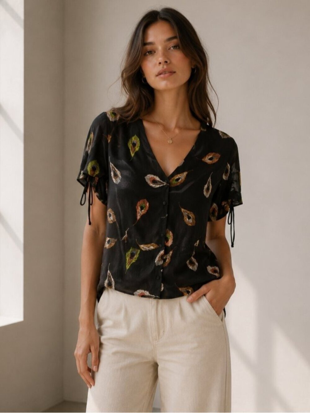 Madewell Black Peony Feather Print Silk Button Front Blouse 4 0717